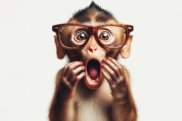 Verrassende aap draagt een bril op een witte achtergrond