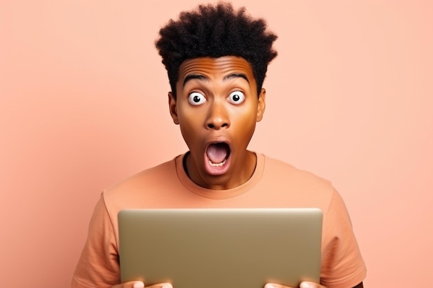 Verrassende Afrikaanse tiener met laptop die naar computerreclame wijst wow aanbod verbaasde etnische tiener student jongen die pc gebruikt zich geschokt voelt geïsoleerd op beige achtergrond