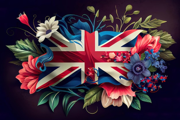 Verrassende creatieve Britse stijlachtergrond met bloemen en generatieve Ai-vlag van het Verenigd Koninkrijk