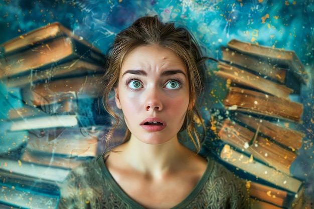 Foto verrassende jonge vrouw met vliegende boeken in mystieke kosmische achtergrond conceptuele kunstwerk