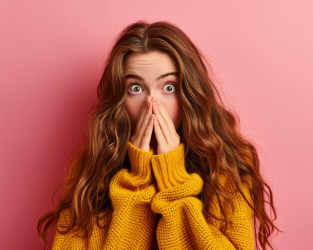 Foto verrassende vrouw in een gele trui die haar gezicht bedekt met handen op een roze achtergrond