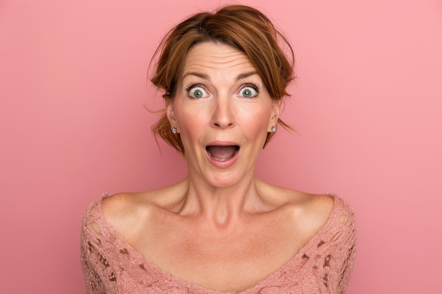 Foto verrassende vrouw met open mond op roze achtergrond
