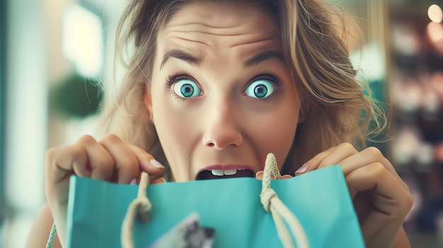 Foto verrassende vrouwelijke shopper met een boodschappenzak en die met wijd geopende ogen en mond naar de camera kijkt