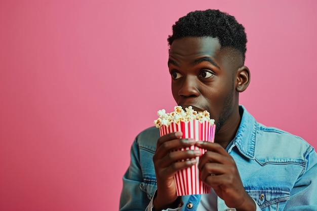 Verrassing Afrikaanse oudere man eet popcorn op een pastel achtergrond