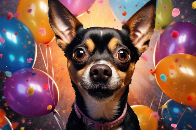 verrast hond op solide heldere achtergrond met kleurrijke ballonnen Gelukkige verjaardag concept