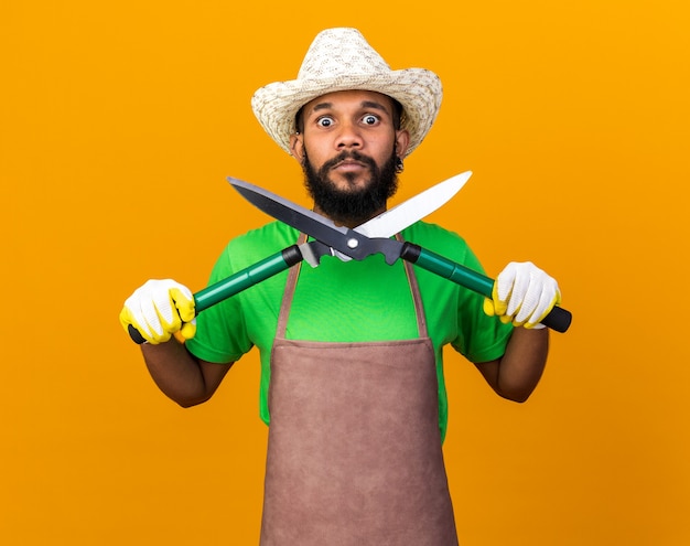 Verrast jonge tuinman Afro-Amerikaanse man met tuinhoed en handschoenen met tondeuse geïsoleerd op oranje muur