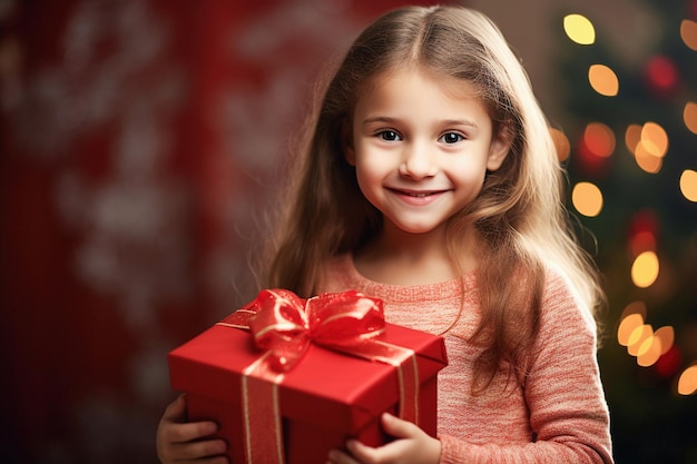 Verrast meisje met kerstcadeau Kerst bokeh achtergrond