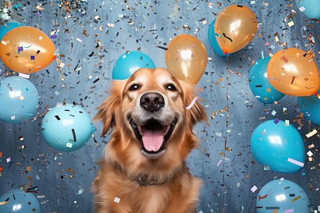 verraste hond op stevige heldere achtergrond met kleurrijke ballonnen Happy Birthday concept