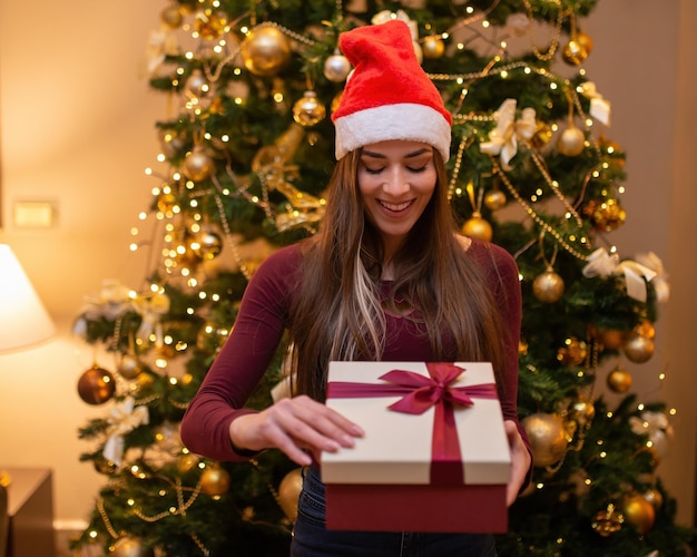 Verraste vrouw die een kerstcadeau opent