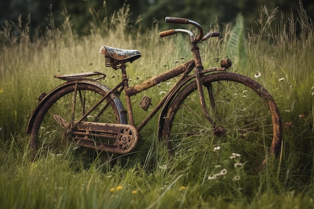 Verroeste fiets die in een veld met hoog gras ligt