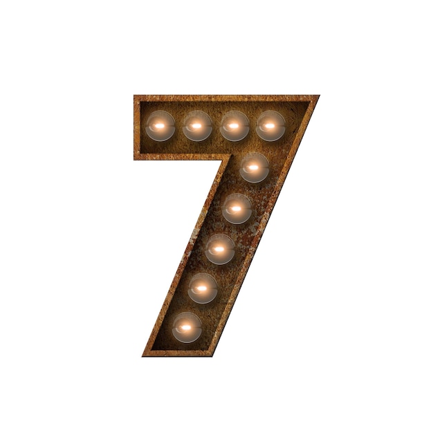 Verroeste metalen nummer 7 gloeilamp lettertype 3D Rendering