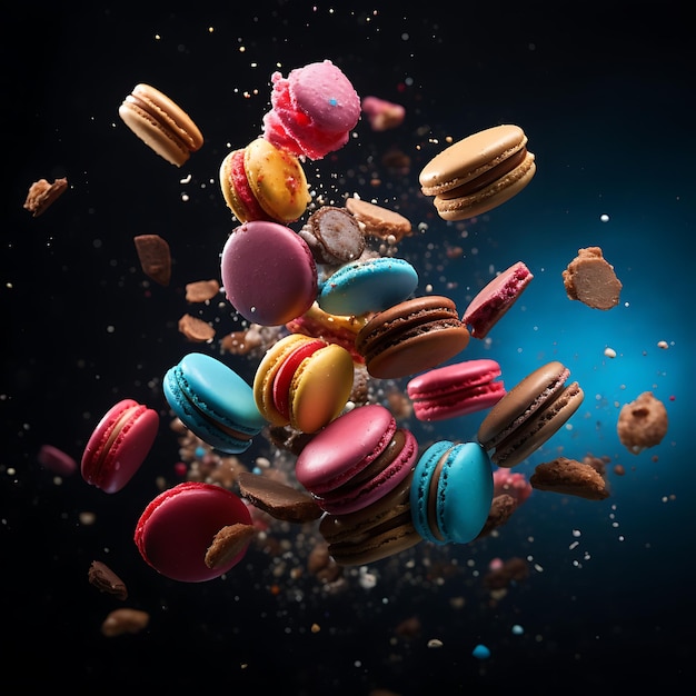 Verrukkelijk assortiment kleurrijke macarons die in de lucht hangen, vastgelegd in een filmisch gerecht