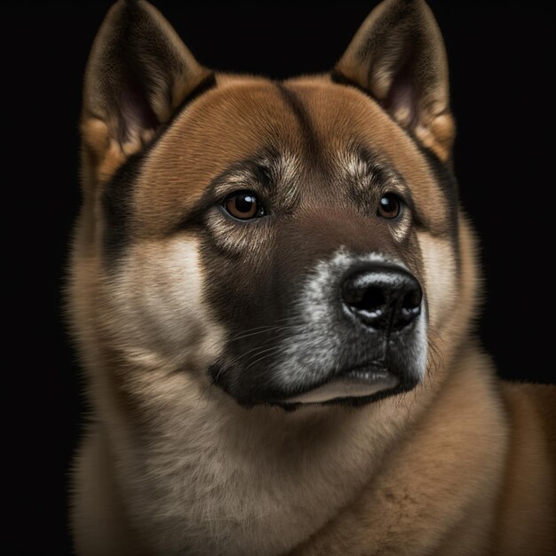 Verrukkelijk digitaal portret van een gelukkige Akita Inu-hond op een zwarte geïsoleerde achtergrond