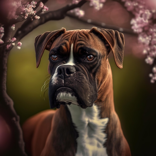 Verrukkelijk hyperrealistisch digitaal portret van een gelukkige bokserhond in de natuur buiten