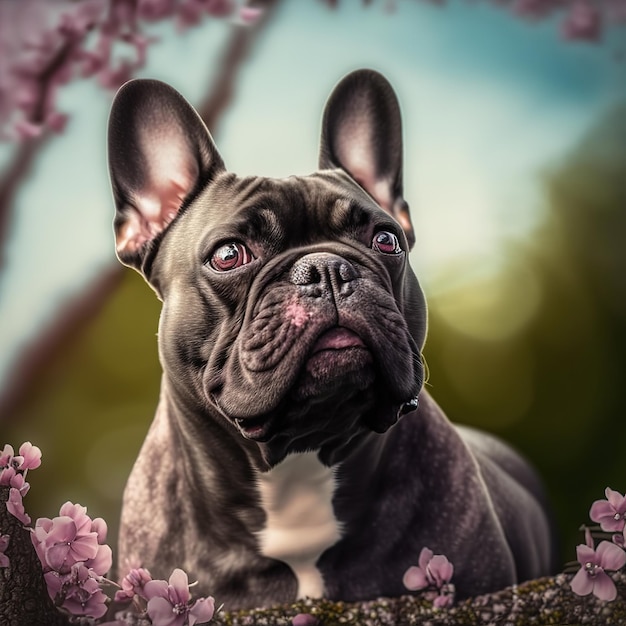 Verrukkelijk hyperrealistisch digitaal portret van een gelukkige Franse bulldog in de natuur