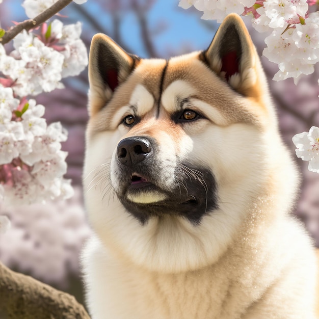 Verrukkelijk realistisch portret van akita inu met bloem en buitenachtergrond
