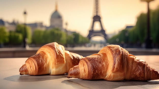 Verrukkelijke franse croissants op nostalgische inrichting van de Eiffeltoren Parijs Creatieve bron AI gegenereerd