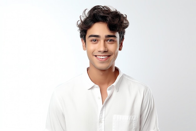 Verrukkelijke jonge Indiase man in een wit shirt op een witte achtergrond
