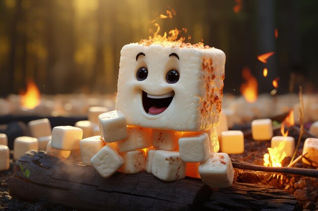 Photo a verry funny marshmallow smling and staring at a campfire for halloween night