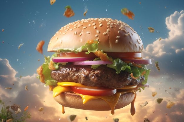 Vers bereide hamburger met kaasvleesgroenten en een afhaalmaaltijd voor fastfood