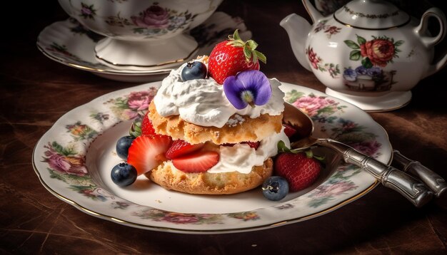 Vers bessendessert op houten tafel met slagroom verwennerij gegenereerd door kunstmatige intelligentie