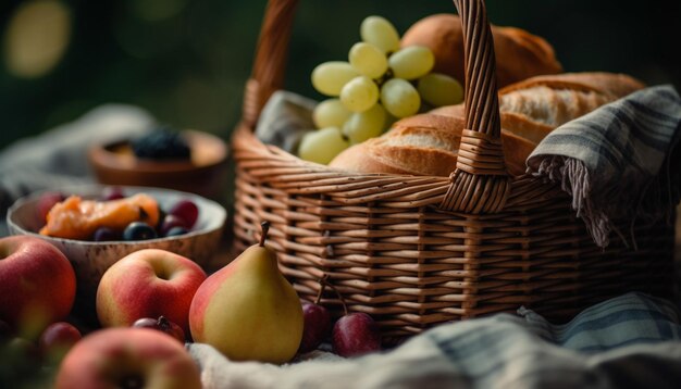 Vers biologisch fruit in rieten mand buitenshuis gegenereerd door AI