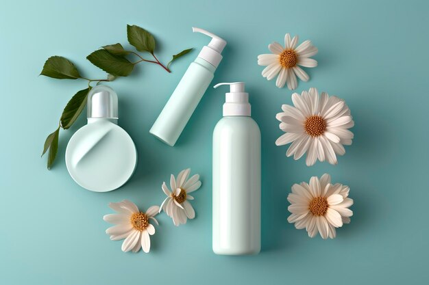 Vers bloemen huidverzorgingsconcept Bovenaanzicht plat leggen van pompfles pipet crèmeflessen en tubes met bloemen op pastelblauwe achtergrond met een lege cirkel voor tekst of branding AI Generative