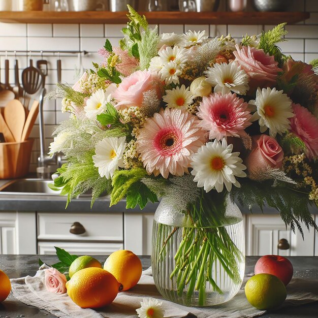 Vers bloemenboeket met waterdruppels op de keuken