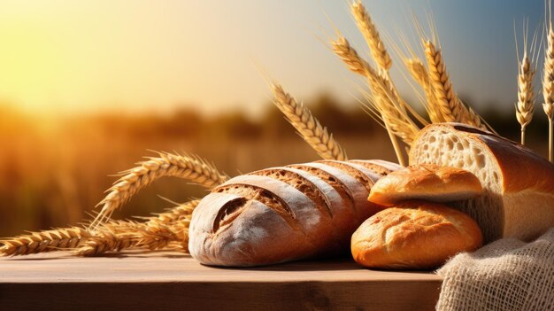 Vers brood rust op een houten oppervlak tegen een tarweveld op de achtergrond