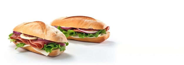 Vers broodje met ham kaas tomaten fastfood op witte achtergrond isoleren Header banner mockup met kopieerruimte AI gegenereerd