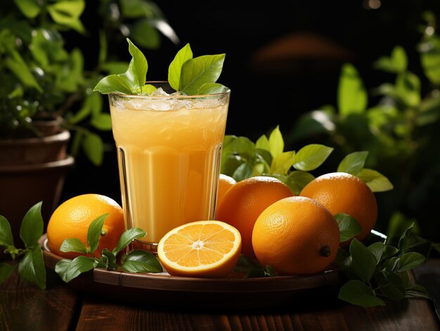 Vers drankje sinaasappelsap op houten tafel foto