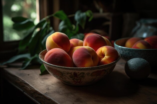 Vers en rijp perzikenfruit in een rustieke houten kom op donkere achtergrond ai generatief