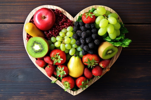 Vers fruit en bessen in hartvormige kom op houten tafel