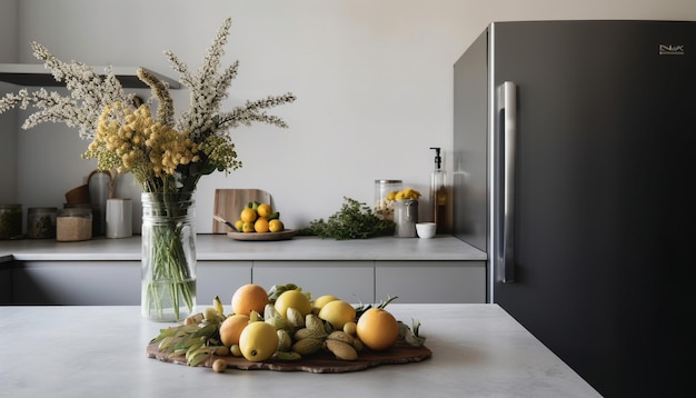 Vers fruit- en groentearrangement op tafel gegenereerd door AI