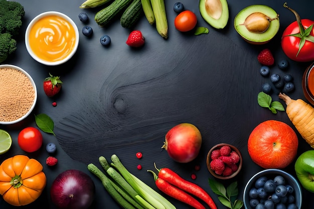 Vers fruit, groenten en bessen Op een zwarte achtergrond Banner Bovenaanzicht Vrije ruimte voor uw te