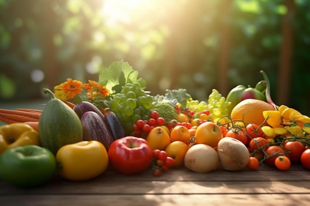 Vers fruit met verse groenten op houten tafel met onscherpe achtergrond van tuin en zonlicht generatieve ai