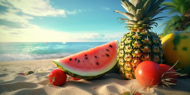 Vers fruit watermeloen en ananas op tropisch strand blauwe hemelachtergrond Generatieve AI