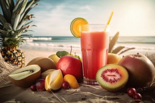 Vers fruitsap op zee en strandachtergrond Gezonde drank rijk aan vitamines Generatieve Ai