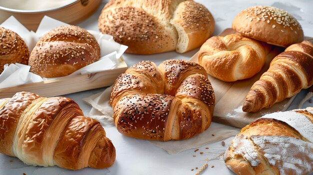 Vers gebakken assortiment gebak op het scherm Ideaal voor ontbijt of snacks Artisan Bakery Delights Closeup View of Croissants and Breads AI