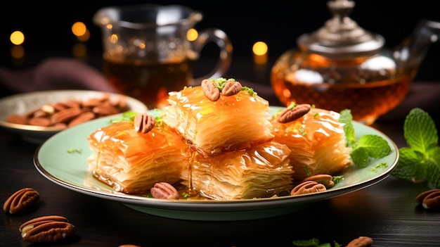 Vers gebakken baklava een zoet Turks dessert geserveerd op een bord