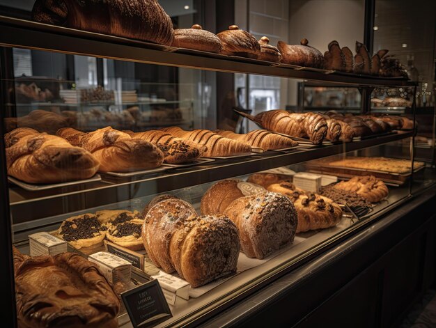 Vers gebakken brood in de winkel, ai generatief