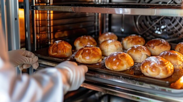 Vers gebakken broodjes die uit een industriële oven worden gehaald