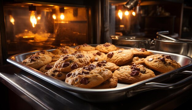 Vers gebakken chocoladekoekjes op een koelrek gegenereerd door AI