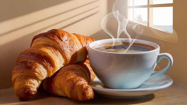 Vers gebakken croissant met een kop warme stoomende koffie op een beige muur achtergrond