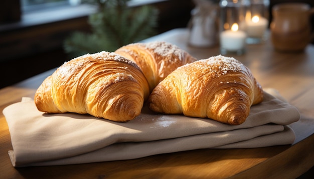 Foto vers gebakken croissant op een houten tafel een zoete genot gegenereerd door ai