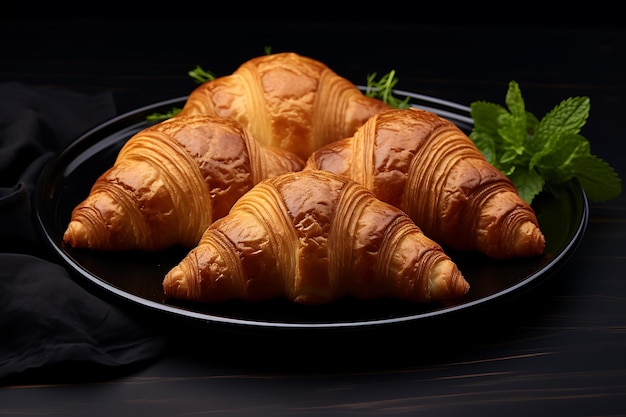 Vers gebakken croissant op een wit bord met zwarte koffie