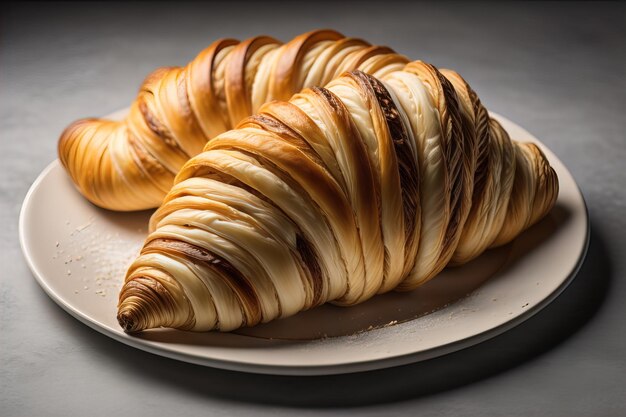 Vers gebakken croissants op een houten tafel close-up ai generative