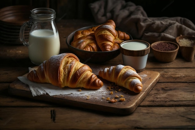 Vers gebakken croissants op houten tafel Authentiek Frans gebak Generatieve AI