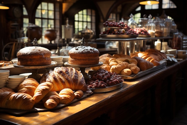 Vers gebakken croissants te zien in een bakkerij generatieve ai