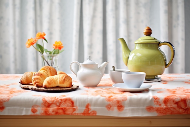 Vers gebakken gebak naast een stoomende theepot op een linnen tafeldoek